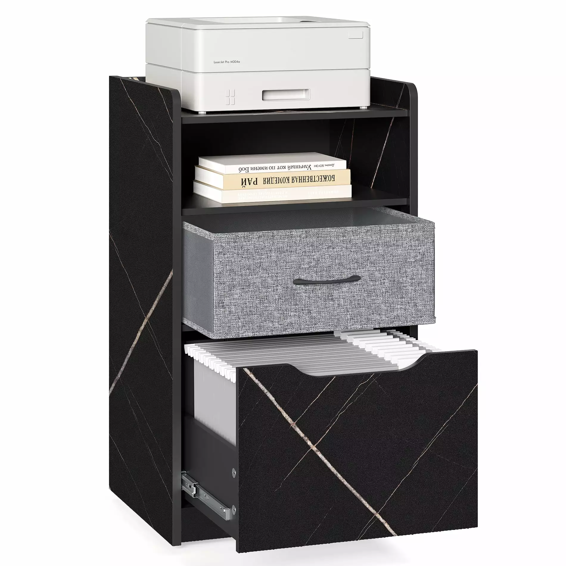 Black Wood Mobile Printer Stand with Drawers for A4/Letter/Legal Size File Folders